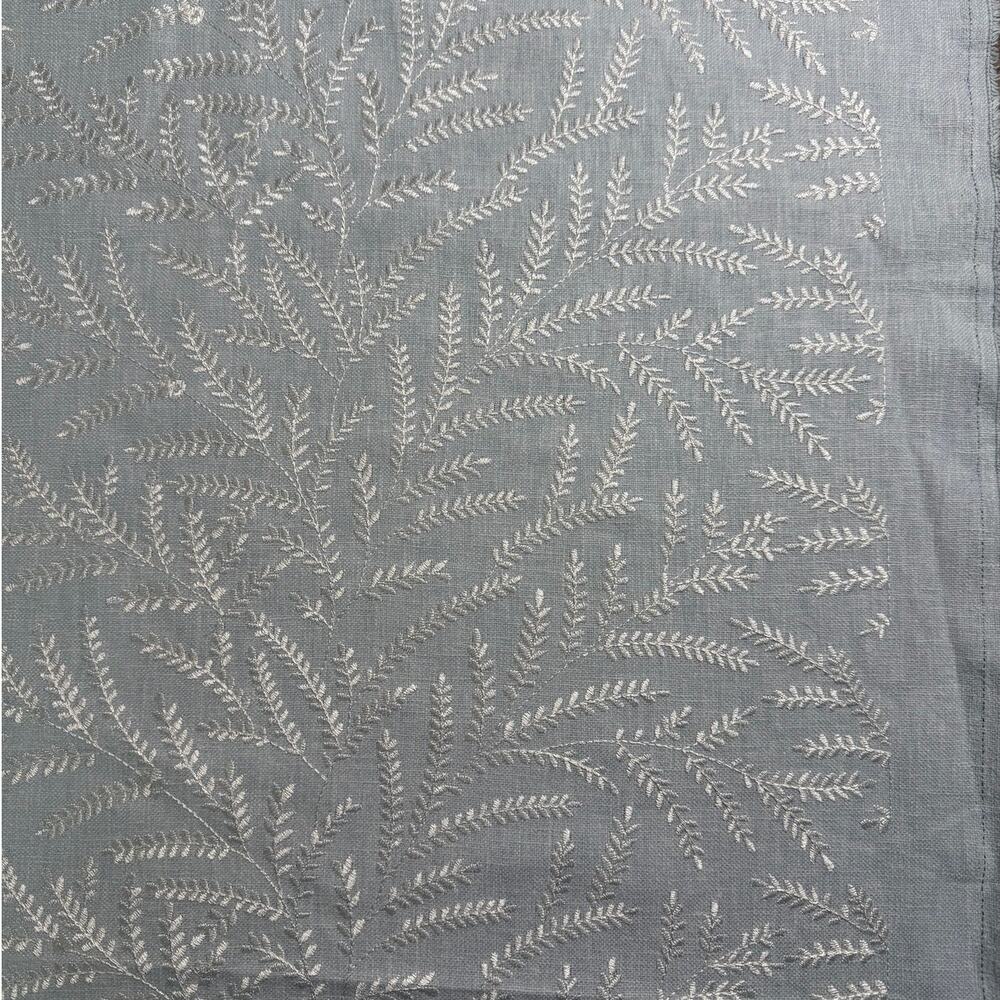 Baby blue upholstery fabric yardage with white floral fern embroidery